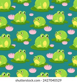 Seamless pattern of cute green frogs surrounded by water lily pads on lake. Kawaii characters in cartoon style. Pattern wrapper.