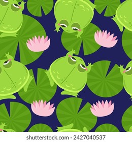 Seamless pattern of cute green frogs surrounded by water lily pads on lake. Kawaii characters in cartoon style. Pattern wrapper.