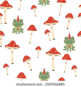 seamless pattern with cute green frogs and fly agarics on a white background