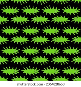 Seamless Pattern With Cute Green Microbe Characters. 