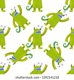 Seamless pattern cute green monsters. Kids graphic illustration. Wallpaper, wrapping paper. Graphic design element. Cartoon style. Seamless fabric texture background.