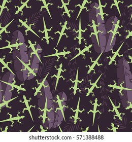Seamless pattern with cute green rain forest animal gecko lizard, vector illustration