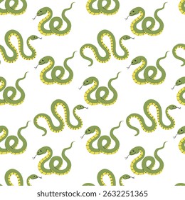 Seamless pattern with cute green snakes. Design for wrapping paper, textiles, stationery.