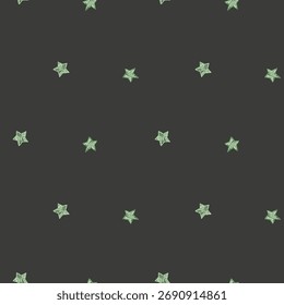 Seamless pattern with cute green stars. Crayon style. Dark festive background