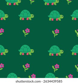 Seamless pattern with cute green turtles and pink flowers on a dark green background. Flat cartoon design with gentle, playful elements.