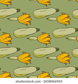 Patrón sin fisuras con calabacín verde lindo sobre fondo verde. Imagen de Vector.