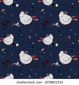 Seamless pattern. Cute grey birds on a branch and blue background. Cartoon children illustration. Winter. Autumn. Decorative flowers, berries, grass and leaves. Great for fabric, textile, cards.