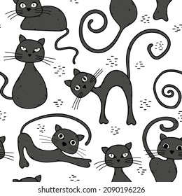 Seamless pattern with cute grey and black cat poses. Adorable cartoon style kitty drawings are fun and stylish. Great for cat lovers and for Halloween
