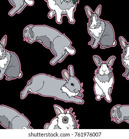 Seamless pattern with cute grey bunny on black background vector illustration. Typography design for prints, cards, posters, products packaging, branding.