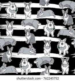 Seamless pattern with cute grey bunny on monochrome background vector illustration. Typography design for prints, cards, posters, products packaging, branding.