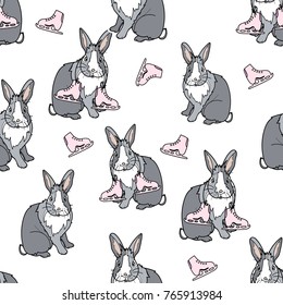 Seamless pattern with cute grey bunny with skates vector illustration. Typography design for prints, cards, posters, products packaging, branding.