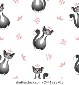 Seamless pattern with cute grey cat  on white background. Qween, princess cat, very important person. Vector illustration for children.