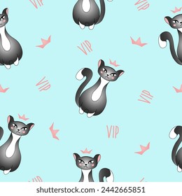 Seamless pattern with cute grey cat on blue background. Queen, princess cat, very important person. Vector illustration for children.