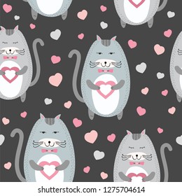 Seamless pattern with cute grey cats with pink heart in cartoon style on black. Hand drawn Valentine's day texture. Kids and babies backdrop. Background for girls, marriage, wedding templates. Vector.