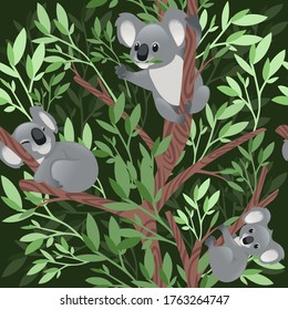 Seamless pattern of cute grey koala bear in different poses eating sleeping leaves cartoon animal design flat vector illustration on green background with leaves