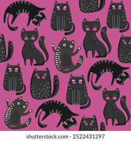 Seamless pattern with cute grey and pink colorful cats. Funny childish texture in flat style, perfect for fabric, textile, wallpaper, wrapping paper, cover and other. Vector Illustration EPS 10