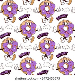 seamless pattern with a cute groovy cartoon donut in rubber hose style