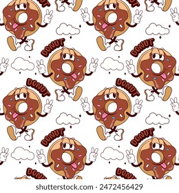 seamless pattern with a cute groovy cartoon donut in rubber hose style