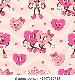 seamless pattern with cute groovy retro couple hearts