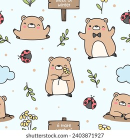 Seamless pattern cute groundhog day on blue Spring Fabric textiles Nursery Clothing kids Doodle cartoon style