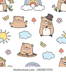 Seamless pattern cute groundhog day Spring Fabric textiles Nursery Clothing kids Doodle cartoon style