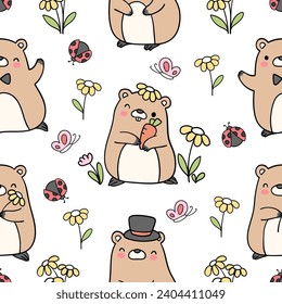 Seamless pattern cute groundhog day on white Spring Fabric textiles Nursery Clothing kids Doodle cartoon style