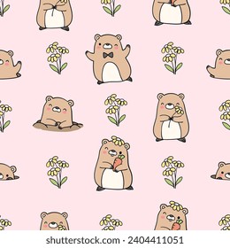 Seamless pattern cute groundhog day on pink Spring Fabric textiles Nursery Clothing kids Doodle cartoon style