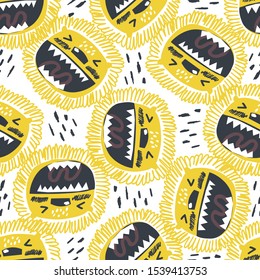 Seamless pattern with cute growling lion. 