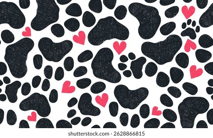 Seamless pattern cute grunge paw toe and heart pattern background for fabric print vector. Seamless dog tracks. Pattern with animal paws, hearts. Vector stylish and cute pattern.
