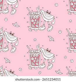 Seamless Pattern Cute Guava Groovy Character with Summer Drink Cocktail with Ice and Mint leaves on Pink Background. Funny cartoon retro personage Fruit. Line drawing. Vector illustration. Not AI