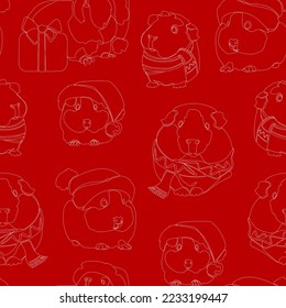 Seamless pattern with cute guinea pig in Santa hat. Red Christmas background. Vector illustration.