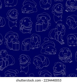 Seamless pattern with cute Guinea pigs in Santa hat. Decorative dark blue background. Vector illustration.