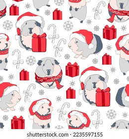 Seamless pattern with cute Guinea pigs in Santa hat, gifts, candy cane and snowflakes. Christmas background. Vector illustration.