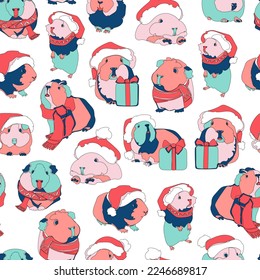 Seamless pattern with cute guinea pigs. Christmas background. Vector illustration.