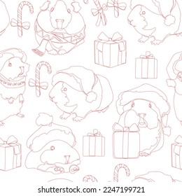 Seamless pattern with cute guinea pigs. Christmas background. Vector illustration.