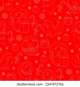 Seamless pattern with cute guinea pigs. Decorative red background. Vector illustration.