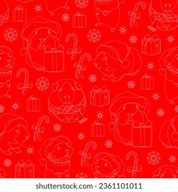 Seamless pattern with cute guinea pigs in santa hat, candy cane, gifts and snowflakes. Red Christmas background. Vector illustration.