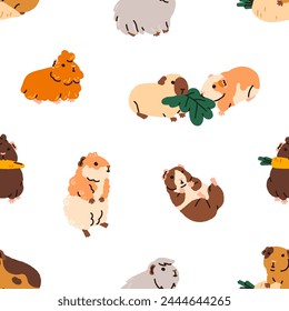 Seamless pattern, cute guinea pigs. Funny kawaii cavies, endless background, texture. Adorable animals, pets, repeating print design for fabric, wrapping, textile. Kids flat vector illustration