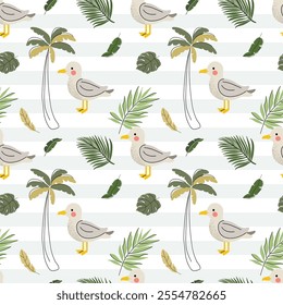 Seamless pattern with cute gull. Sea birds. Seagull. Childish background. Tropical wallpaper.