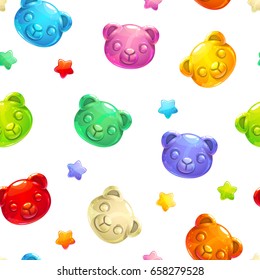 Seamless pattern with cute gummy bears and stars on white background. Childish vector texture.