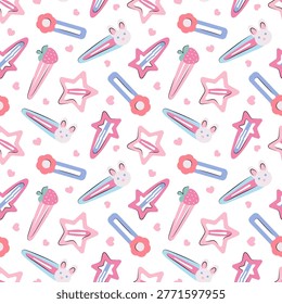 Seamless pattern with cute hair clips for girl. Decorative Hairpins, hair accessory with rabbit, strawberry, star, flower shape. Kawaii style background for textile, wrapping paper and fashion product