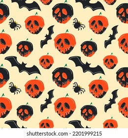 Seamless pattern with cute halloween an apple with a skull face cartoon characters. Vector