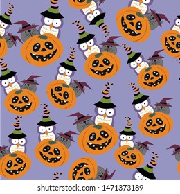 Seamless pattern cute halloween cartoon, cute owl and cat wear a witch hat sit on a  pumpkin,illustration vector doodle comic art.