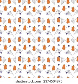 Seamless pattern with cute Halloween character pumpkin with spider and spiderweb. Color vector flat illustration.