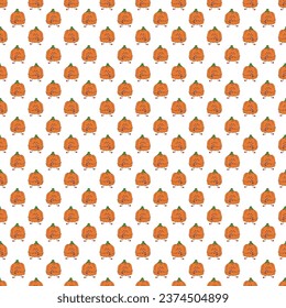 Seamless pattern with cute Halloween character pumpkin with candy cane. Color vector flat illustration.