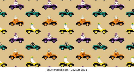 Seamless pattern with cute Halloween characters driving colorful cars: ghost, pumpkin, black cat. Flat cartoon style, festive bright palette, beige background, playful holiday design