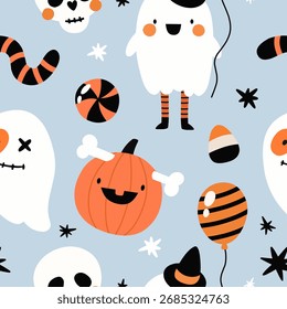 Seamless pattern with cute Halloween characters. Flat style, hand-drawn pattern.