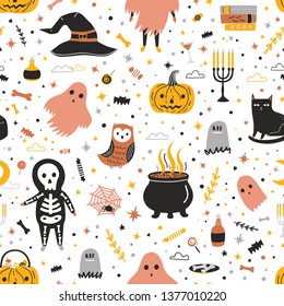 Seamless pattern with cute Halloween creatures and items on white background - Jack-o'-lantern, candies, black cat, witch pot with potion, spider web. Flat vector illustration for holiday celebration.