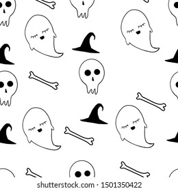 Seamless pattern with cute Halloween creatures and items on white background 