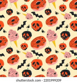 Seamless pattern with cute halloween cupcakes, ice cream, donut cartoon characters. Vector